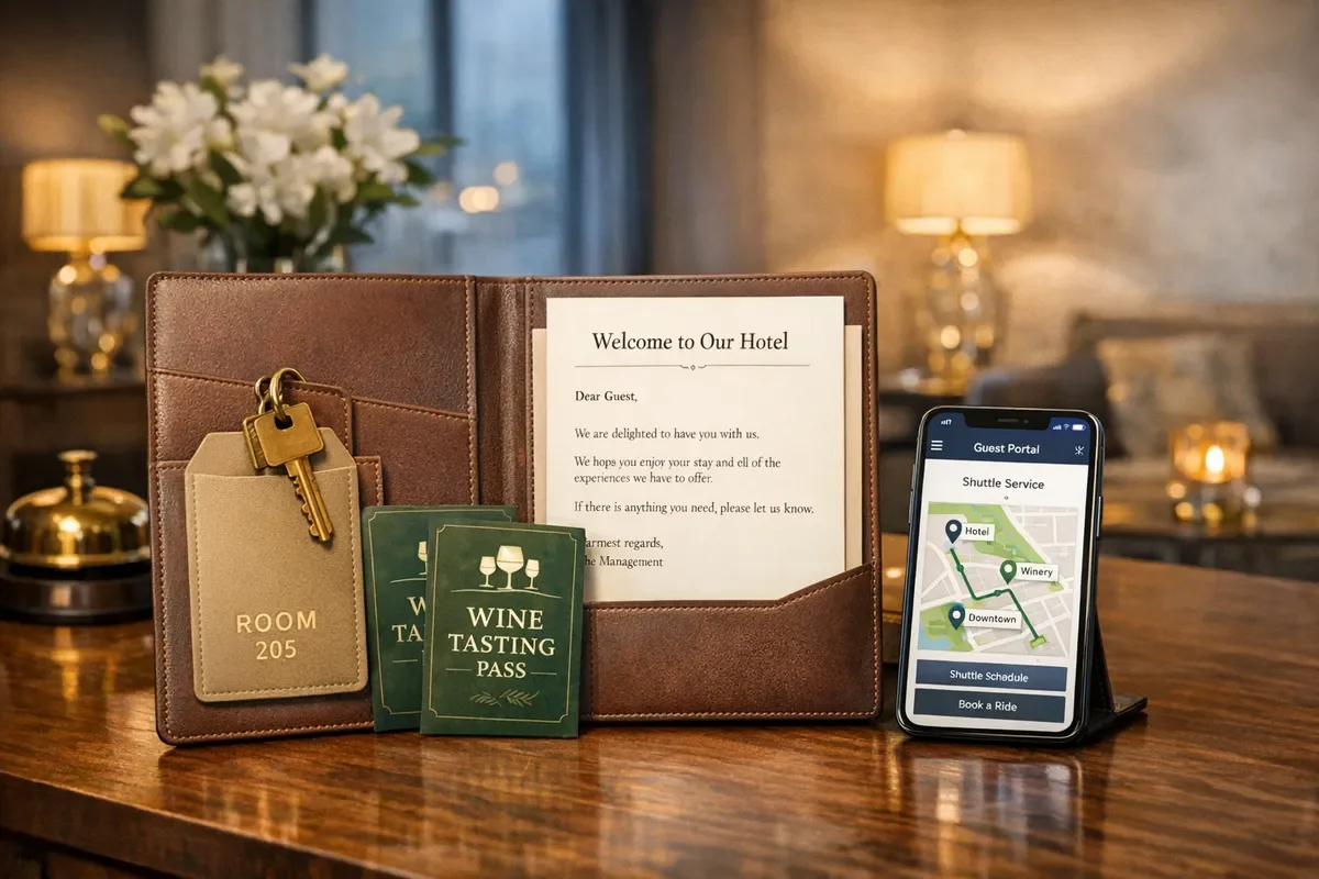 Hotel room key, welcome letter, wine tasting passes, and Napa Valley Wedding Planning Services info shown on a guest portal app.
