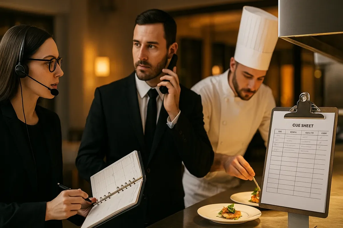 A restaurant kitchen with a female customer service attendant wearing a headset taking notes, a man in a business suit on the phone, and a chef decorating a plate of food, with a cue sheet on a stand in the foreground.