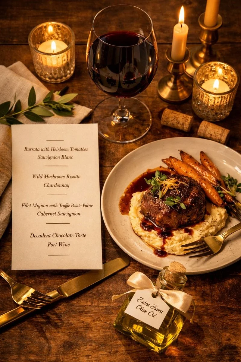 A candlelit dinner setting perfect for Napa Valley full service wedding planning, featuring gourmet steak, wine, and gold cutlery.