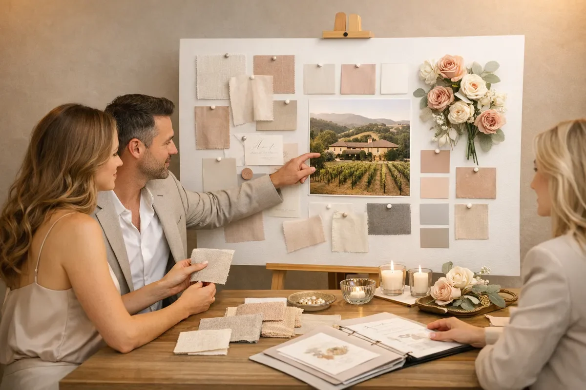 Elegant Northern California couple reviewing a curated wedding design board with color swatches, linen samples, floral stem options, and a vineyard venue photo, warm studio lighting, luxury wedding planner consultation vibe.