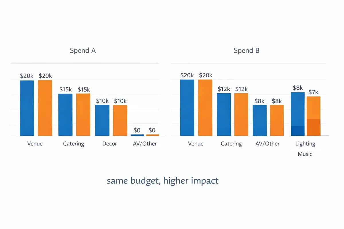 Two bar charts compare Spend A and Spend B budget allocations, both totaling $60K, with Spend B showing funds reallocated for more categories.