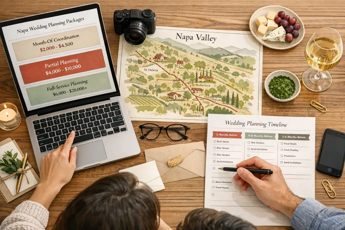 Two people plan a Napa Valley wedding on a laptop, with timeline, map, snacks, and wine on a wooden table.