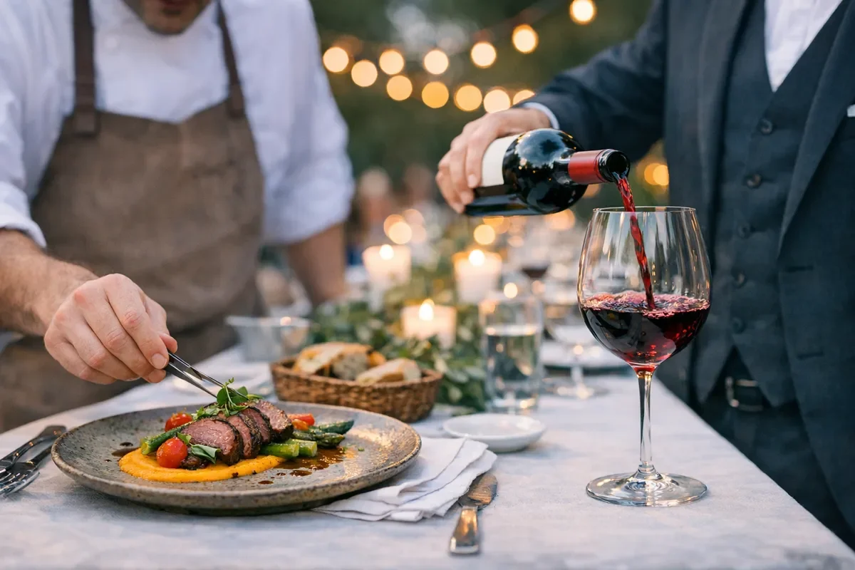A chef plates food as another person pours red wine into a glass at an elegant outdoor dinner setting with string lights.