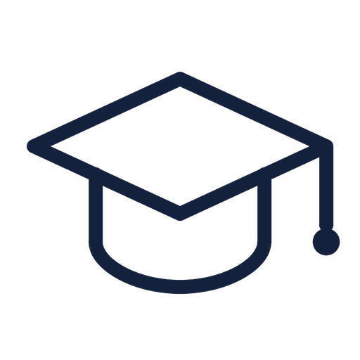 Graduation cap icon in dark blue outline.