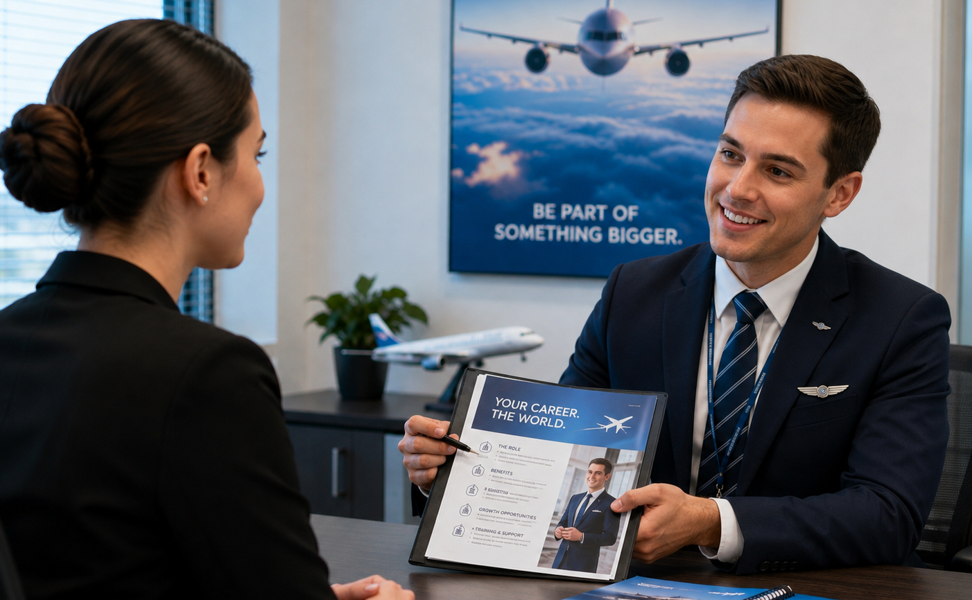 A man in a suit showing a career brochure to a woman in a business office, with airplane images and a poster in the background.