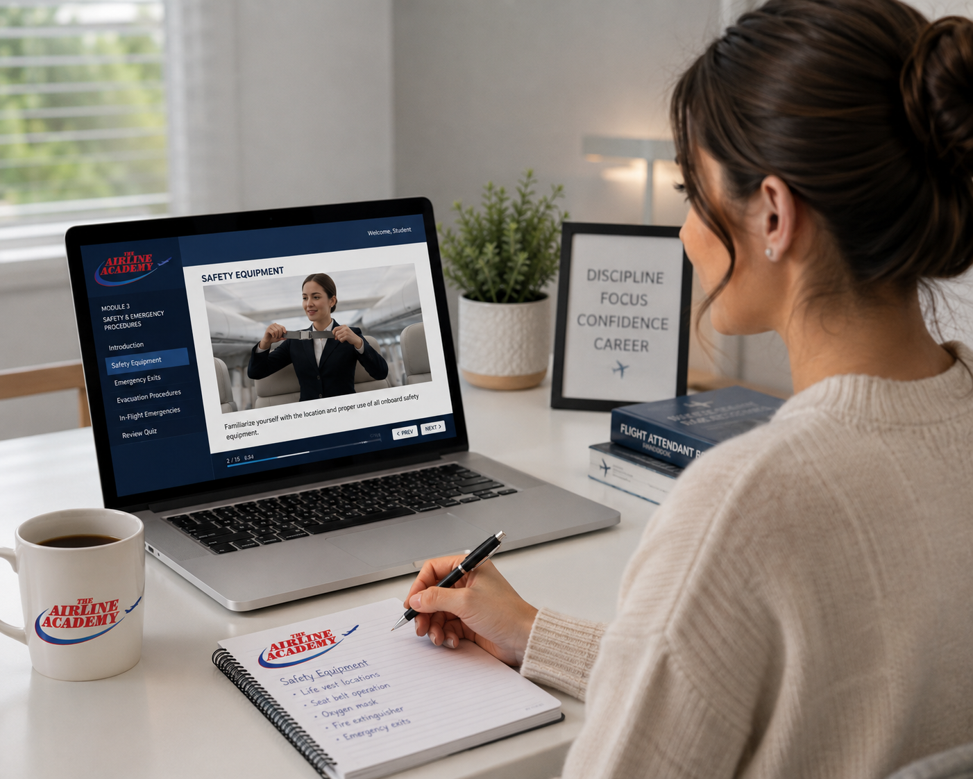 A woman sits at a desk watching an online safety training on a laptop, with a notebook and coffee mug branded with "The Airline Academy" on the desk, along with a framed sign listing qualities like discipline, focus, confidence, and career, and a book titled "Flight Attendant Handbook."
