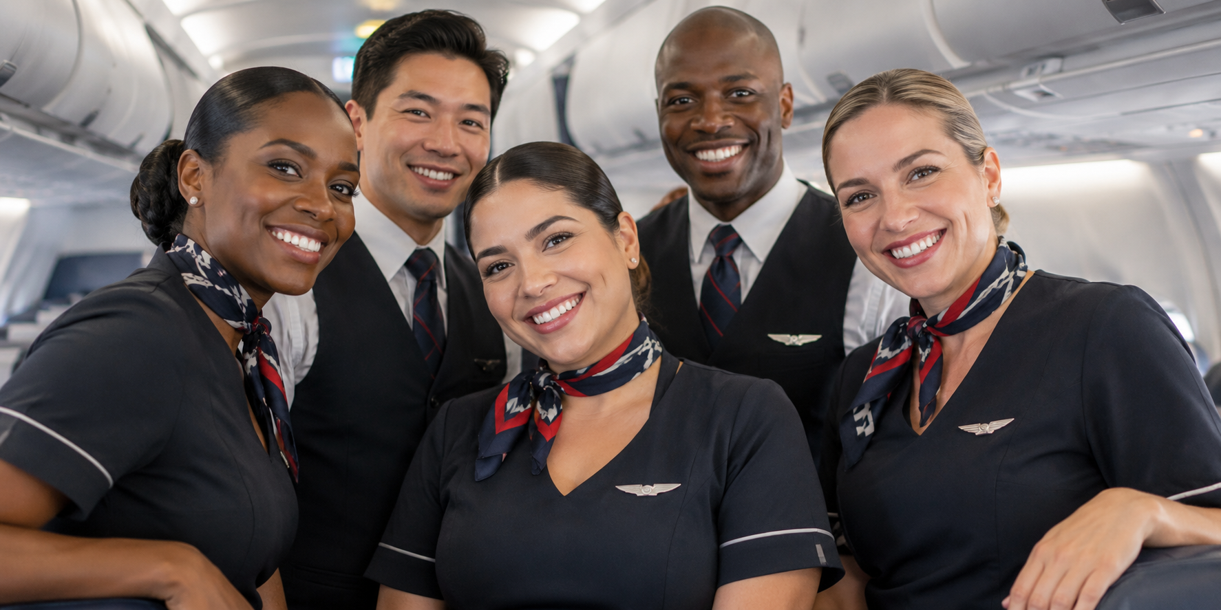 Group of six diverse flight attendants smiling inside an airplane cabin, all wearing dark uniforms with colorful neck scarves and airline wings emblem.
