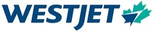WestJet logo with blue text and a stylized maple leaf symbol.