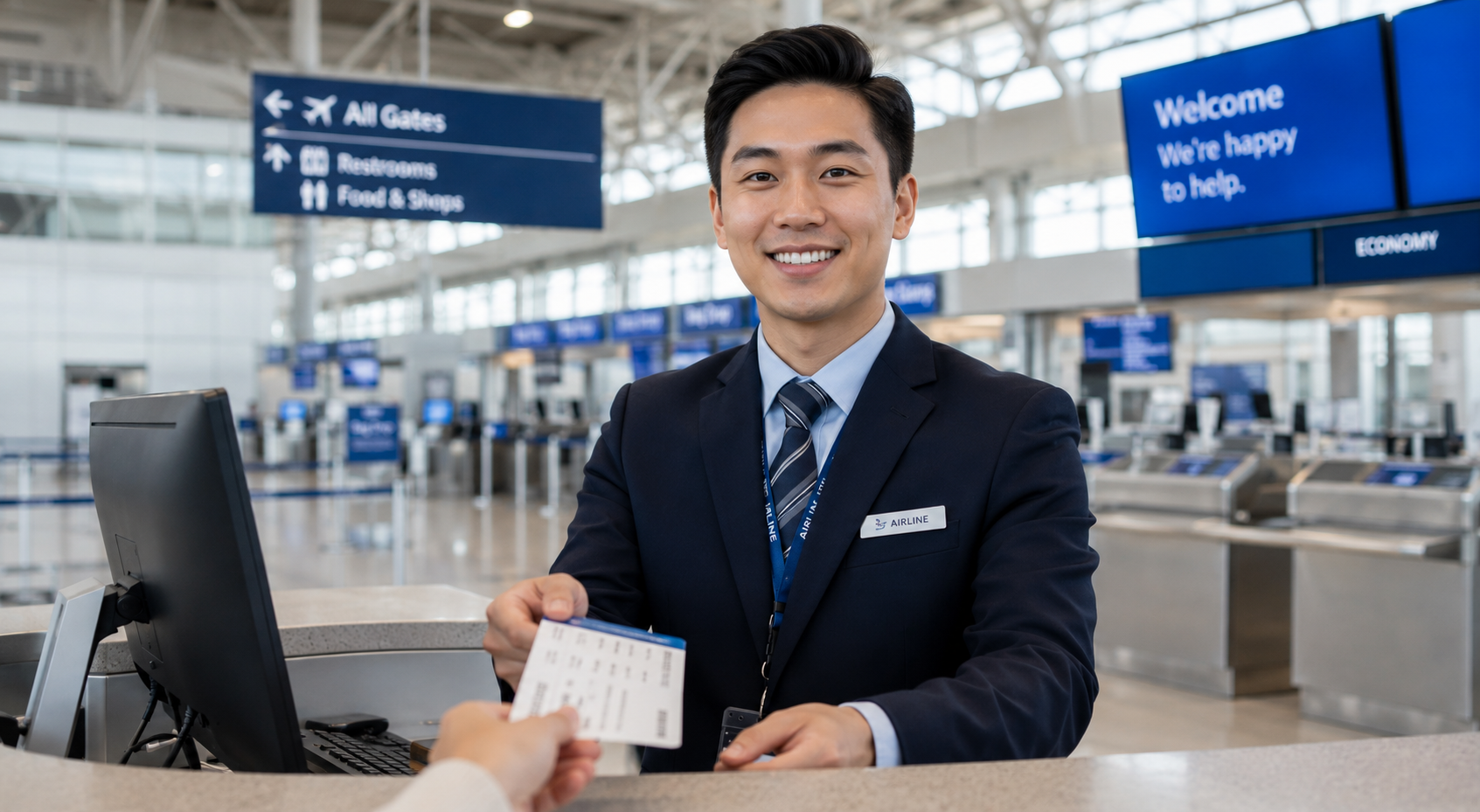 An airline employee smiling while handing a boarding pass to a traveler at the airport check-in counter, with airline signage and check-in kiosks in the background.