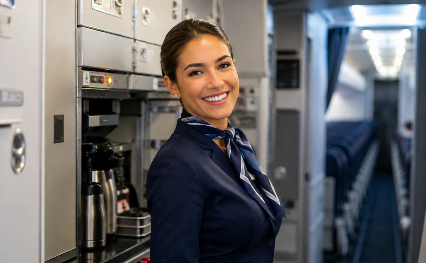 A smiling flight attendant in uniform inside the galley of an airplane.