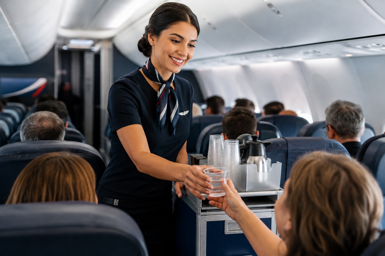 A flight attendant in a navy uniform with a scarf is serving water to a passenger on an airplane.