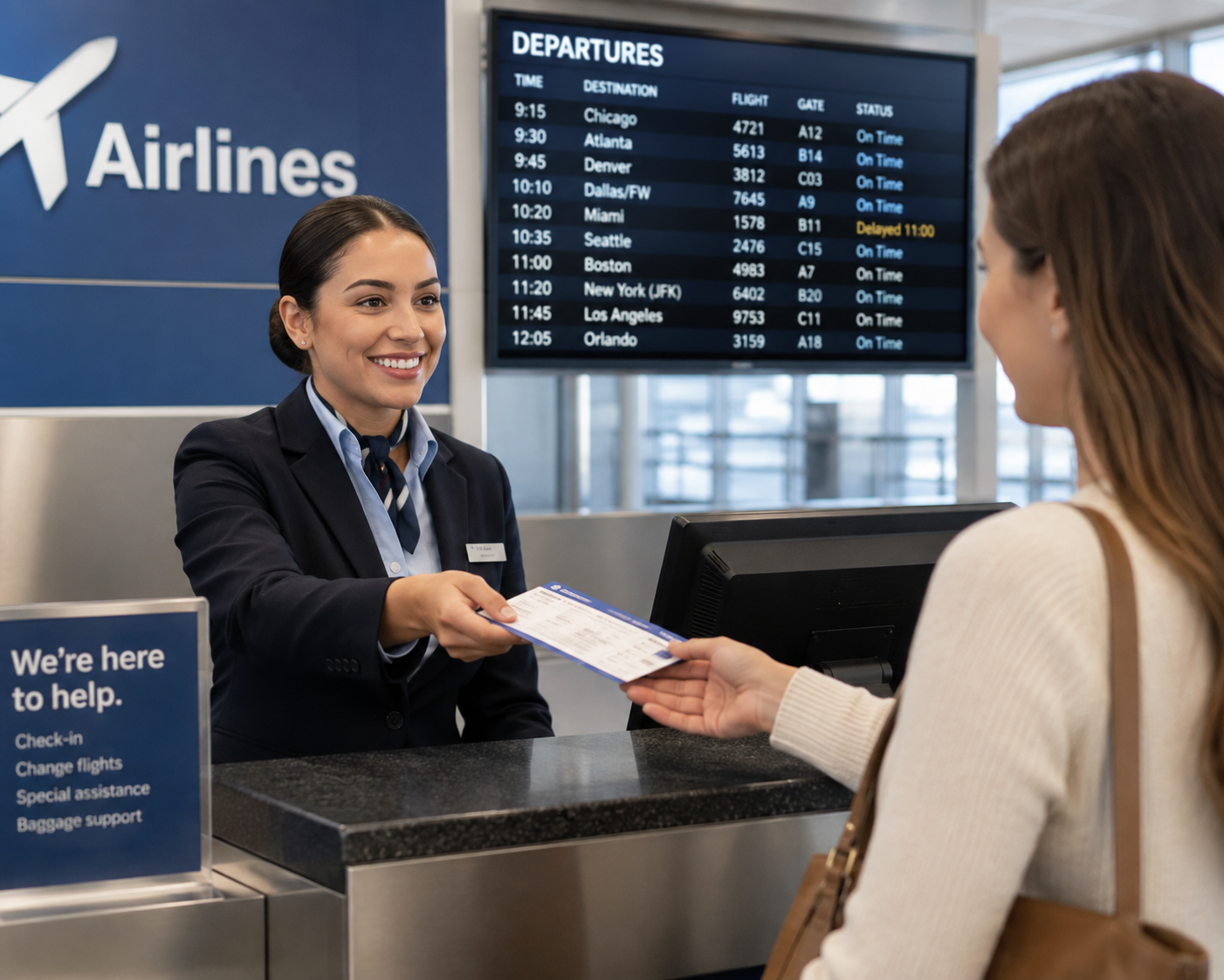 A smiling airline agent in a black uniform handing a boarding pass to a female traveler at a check-in counter, with a digital departure board displaying flight information in the background.