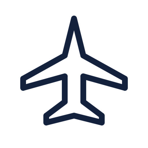 Outline of an airplane icon in dark blue on a transparent background.