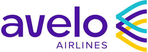 Avelo Airlines logo with stylized blue, yellow, and purple lines resembling wings.