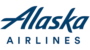 Alaska Airlines logo in navy blue text with stylized 'A' and 'k'