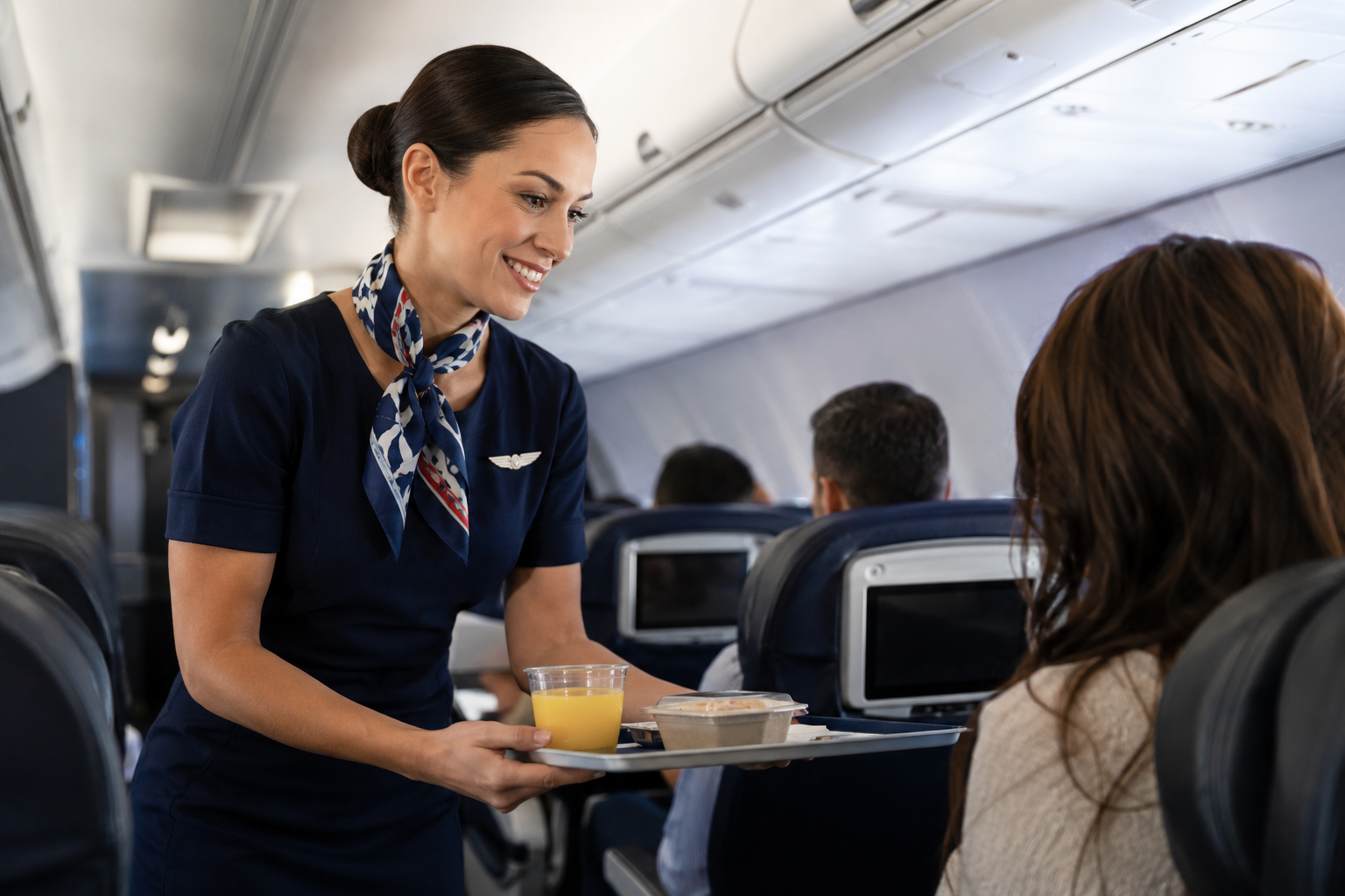 A flight attendant serving orange juice and a snack to a passenger on an airplane.