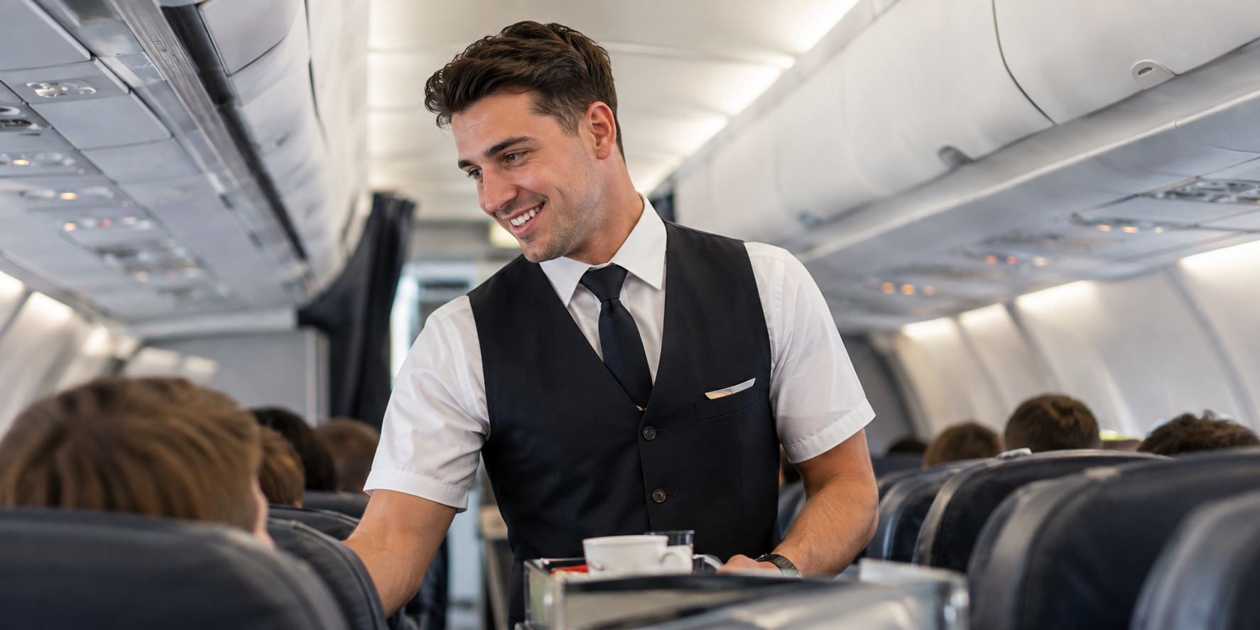Young male flight attendant serving passengers on an airplane