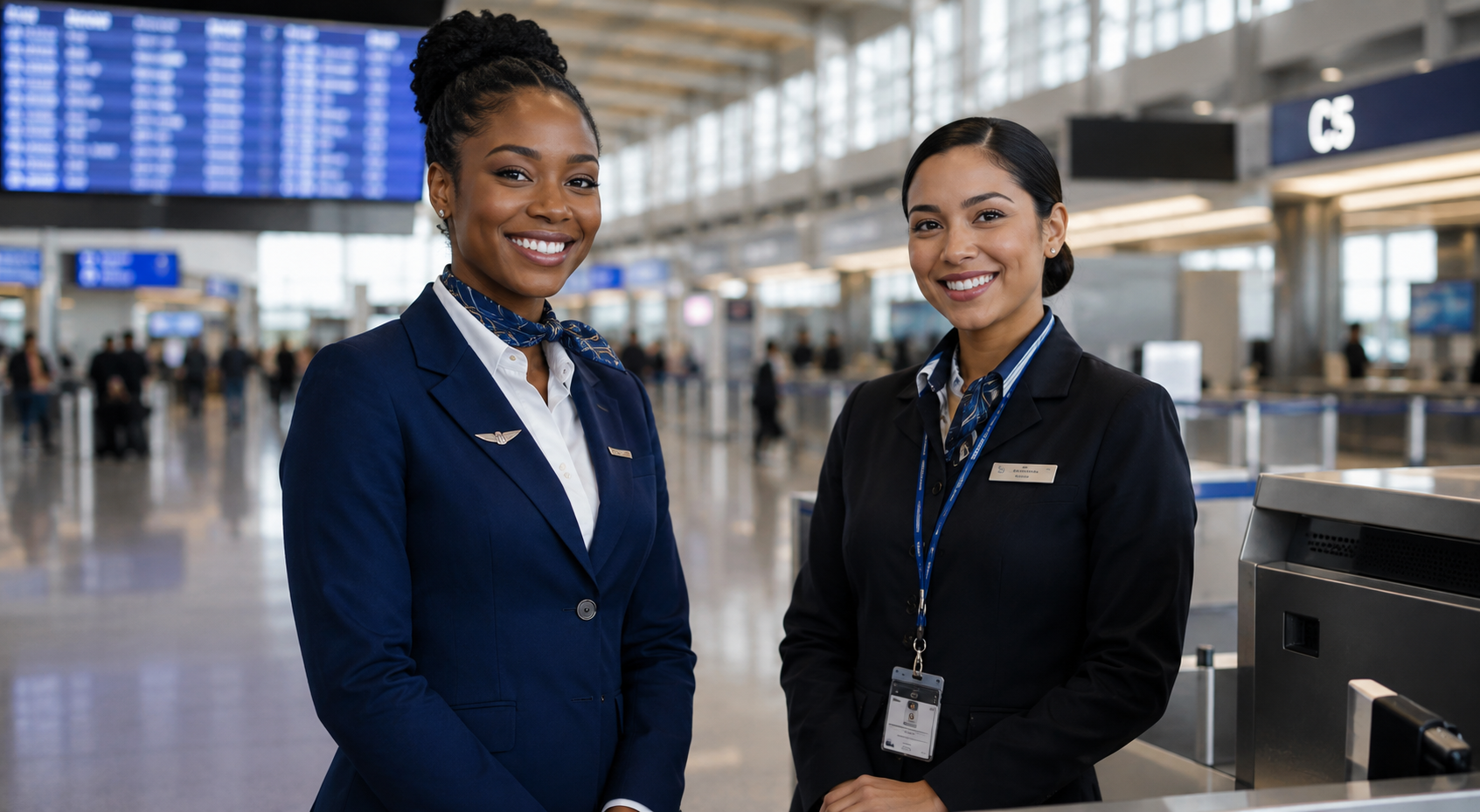 Two flight attendants in uniform standing at an airport check-in counter, smiling with the airport's departure board and busy terminal in the background.