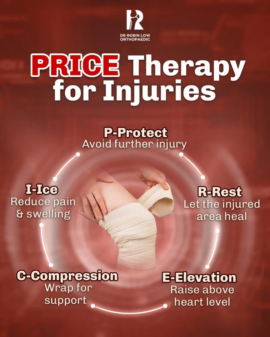 💡 Got a sprain or strain? 
Remember PRICE: your first step to faster recovery!

#SportsInjury #PRICETherapy #InjuryRecovery #Orthopedics #HealingTips #DrRobin