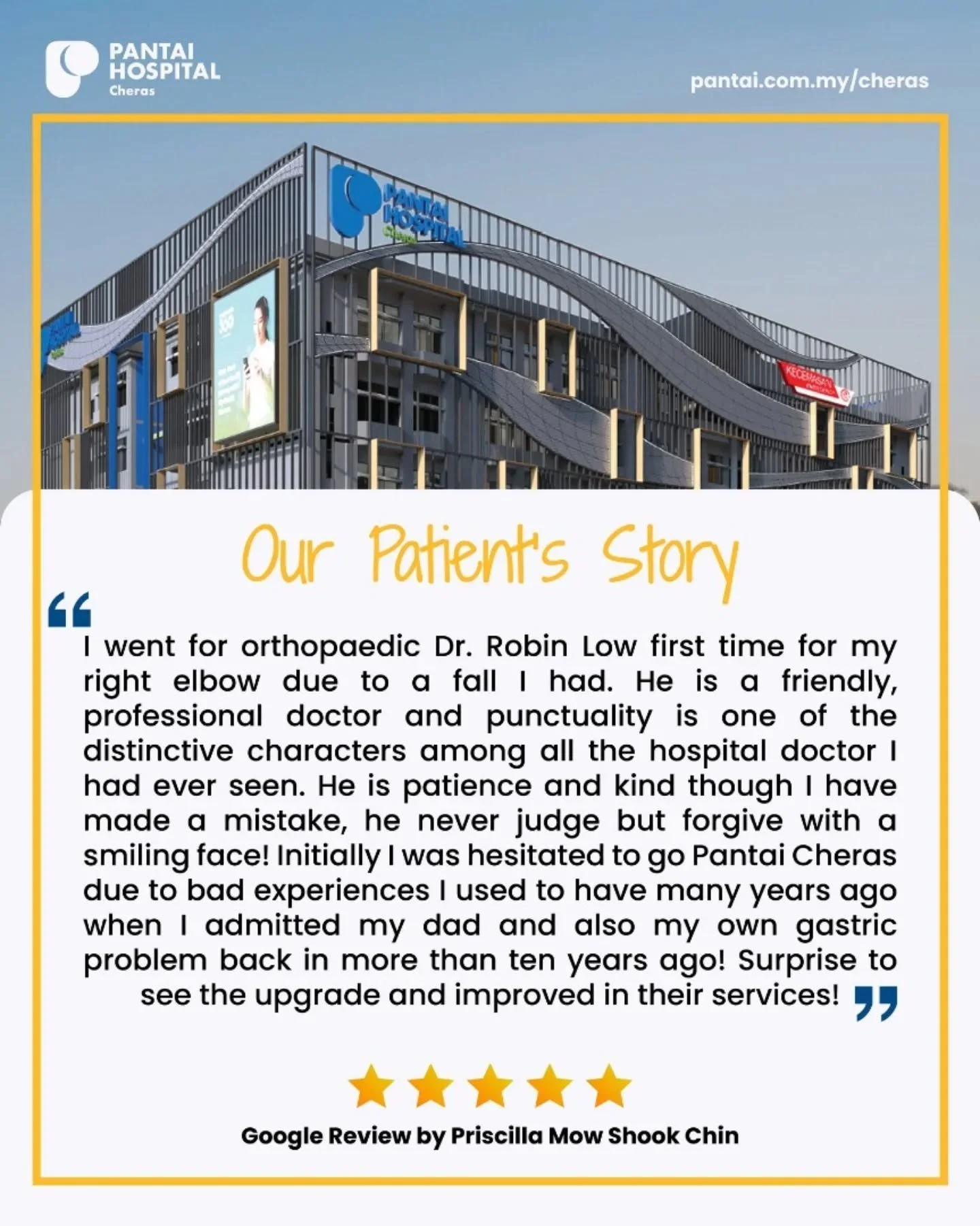 Truly appreciate the kind words and trust from my patients. Every successful recovery reminds me why I do what I do. 

#pantaihospitalcheras #drrobin #appreciation #OrthopaedicCare #patientlove