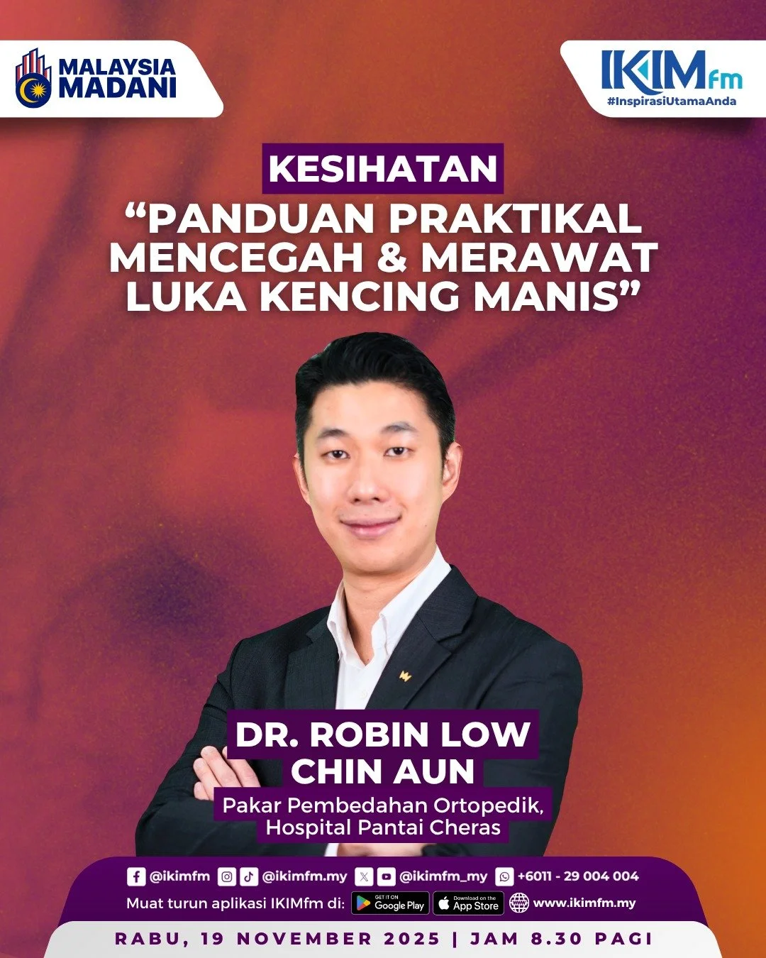 Jaga kaki, jaga kesihatan! Ketahui cara cegah &amp; rawat luka kencing manis bersama pakar esok di IKIMfm. 🫵

Jumpa saya esok, jangan lupa! 😎 

#drrobinortho #ikimfm #orthopaedicsurgeon #kesihatan #OrthopaedicCare