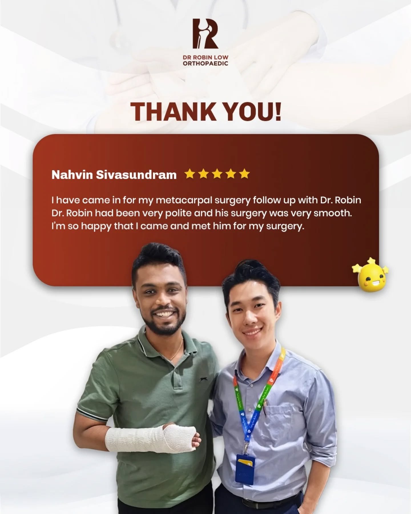 Thank you for your kind words, I&rsquo;m truly glad your recovery is going smoothly! 💛

It was my pleasure to care for you. 🫂

#DrRobinOrtho
#appreciation #grateful #pantaihospitalcheras #KlinikMediAvenue #healthybones
