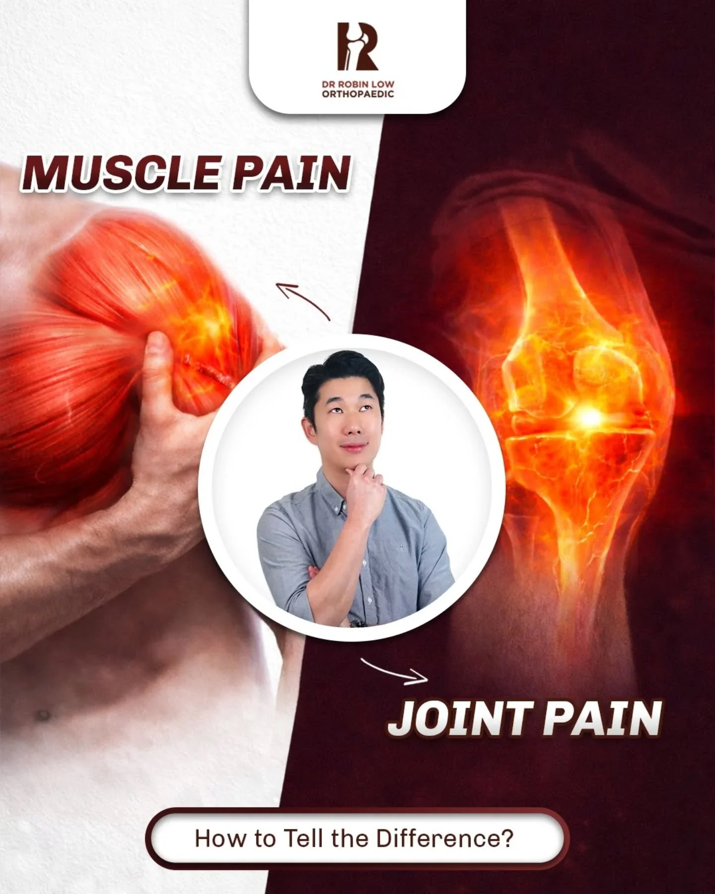 Is it muscle pain or joint pain? 🤔

The symptoms can feel similar, but the treatment may be very different. 
If the pain affects your daily activities, it&rsquo;s time to have it checked. 🫵🩺

#drrobinortho #jointpain #musclepain #bonehealth #panta