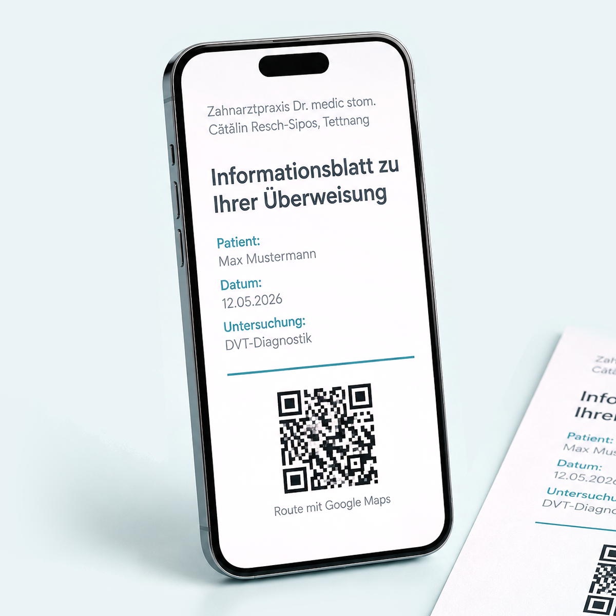 Ilustrație: broșură informativă digitală despre „ trimitere medicală ”, cu cod QR pentru traseul către cabinetul stomatologic din Tettnang