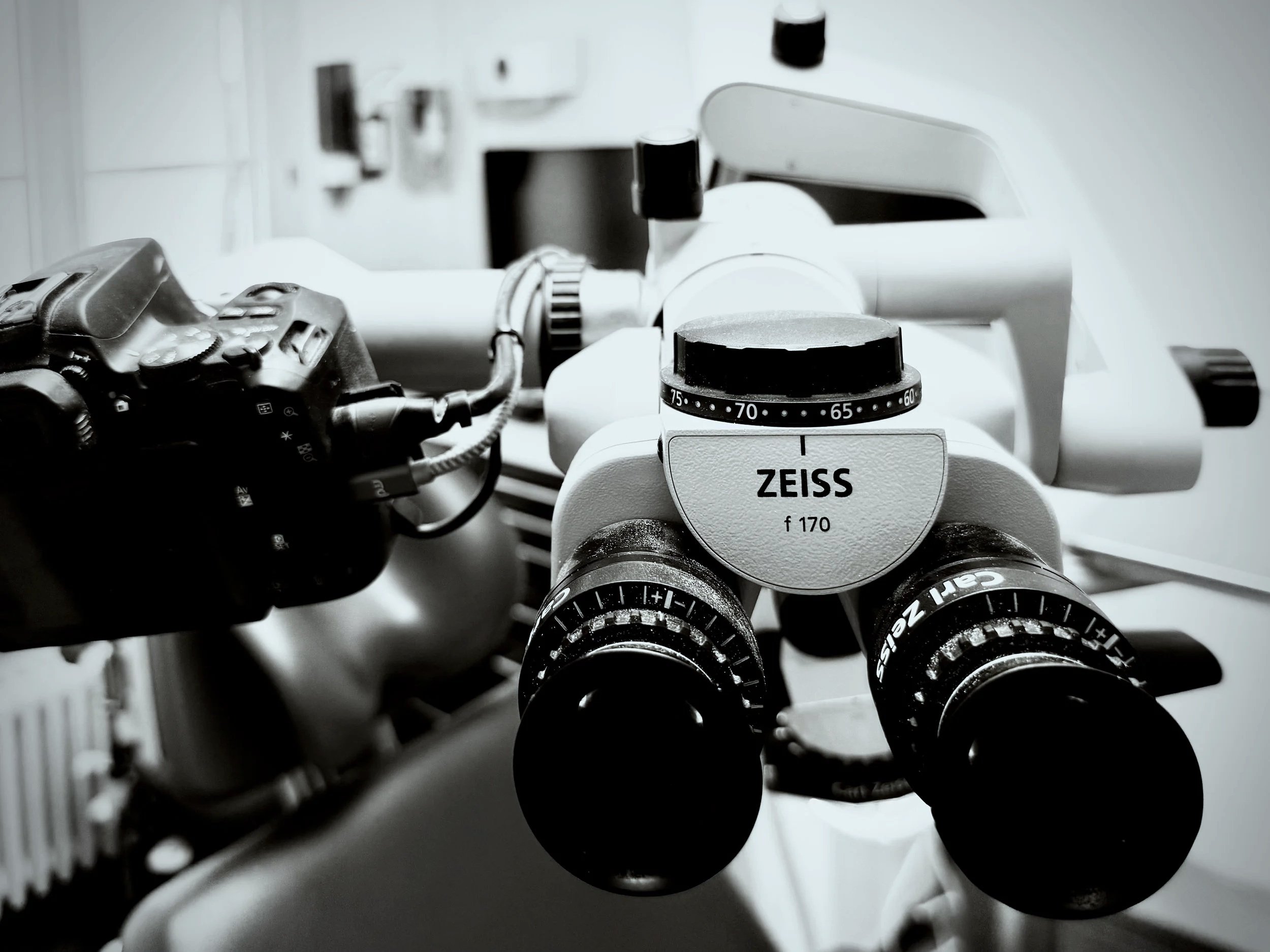 Microscope with Zeiss label, black and white photograph