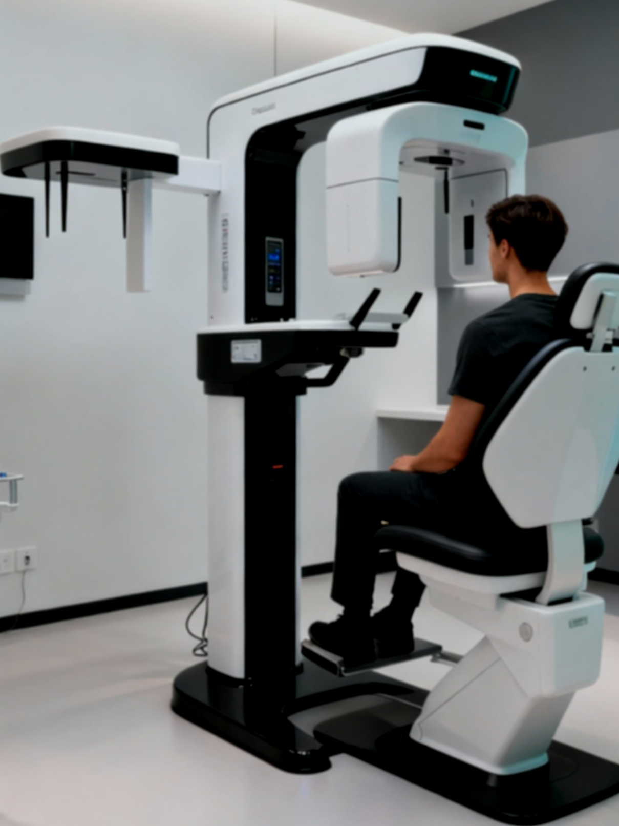 A person seated in a dental office, likely a DVT scanner, in a clean, modern medical facility.