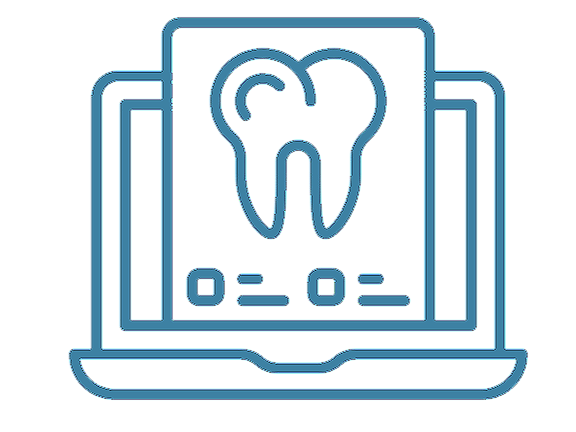Neon blue line drawing of a laptop displaying a large tooth and dental tools.