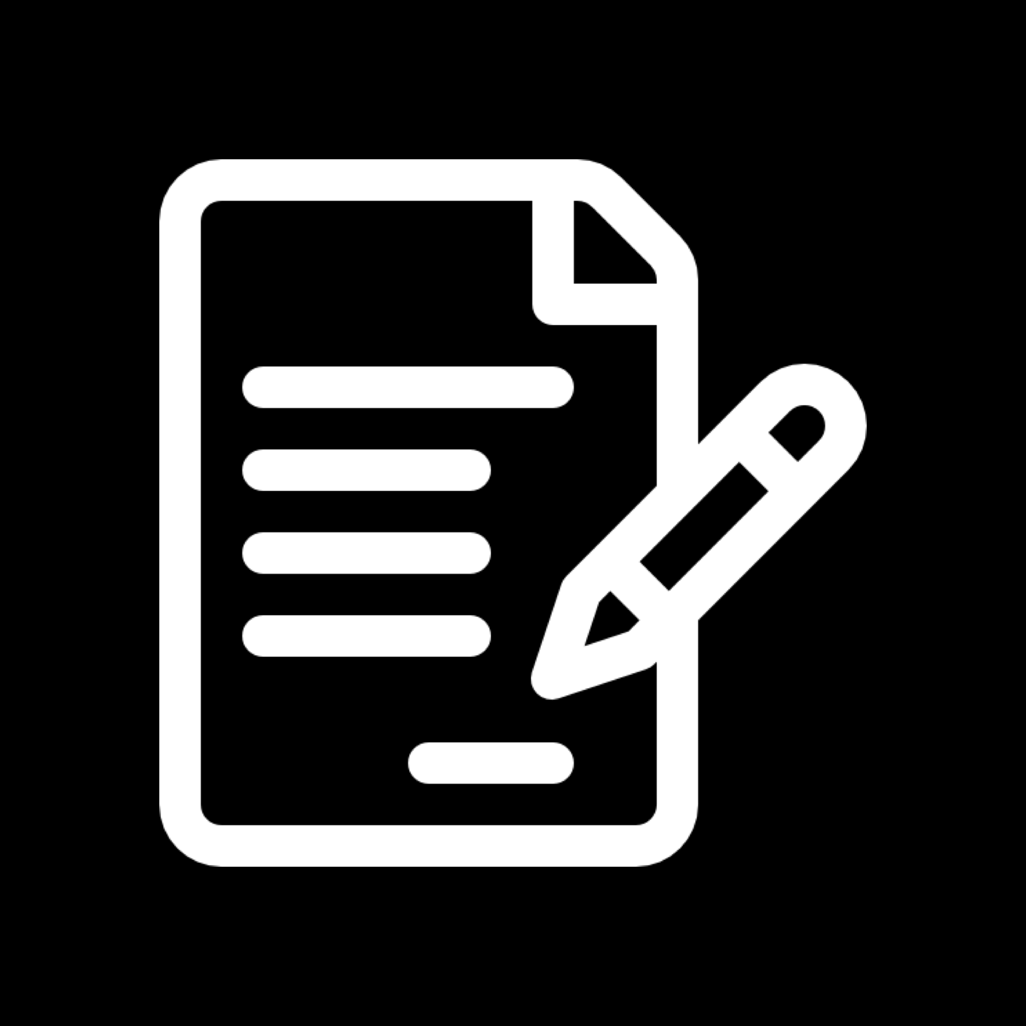 An icon of a pencil writing onto paper against a black background