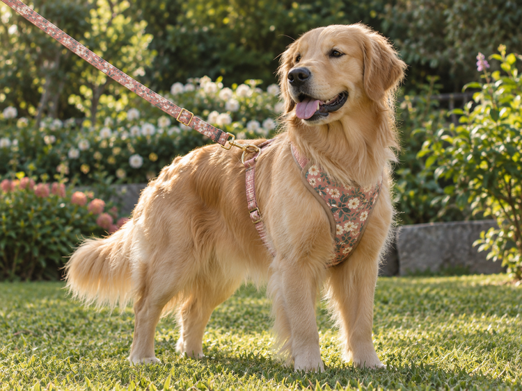 Dog wearing a walking harness