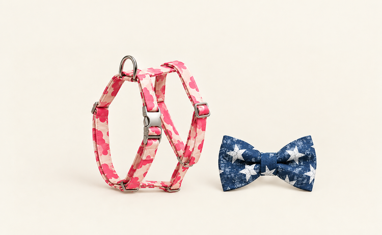 Pet harness and bow tie accessories