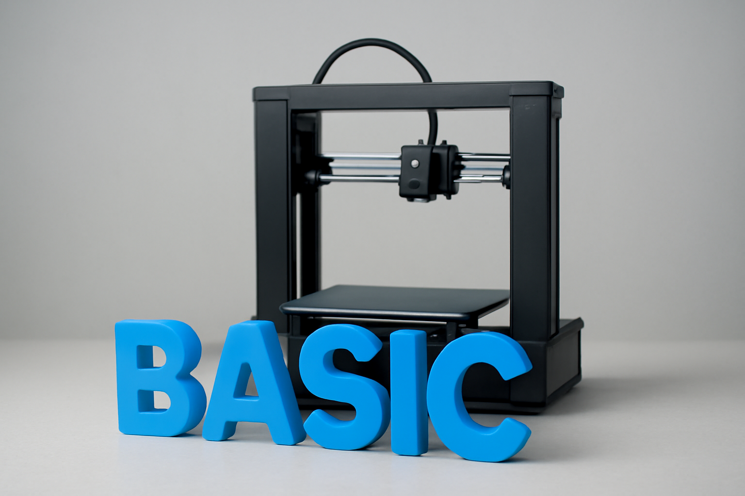 3D printer behind blue letters spelling 'BASIC' on a light gray surface.