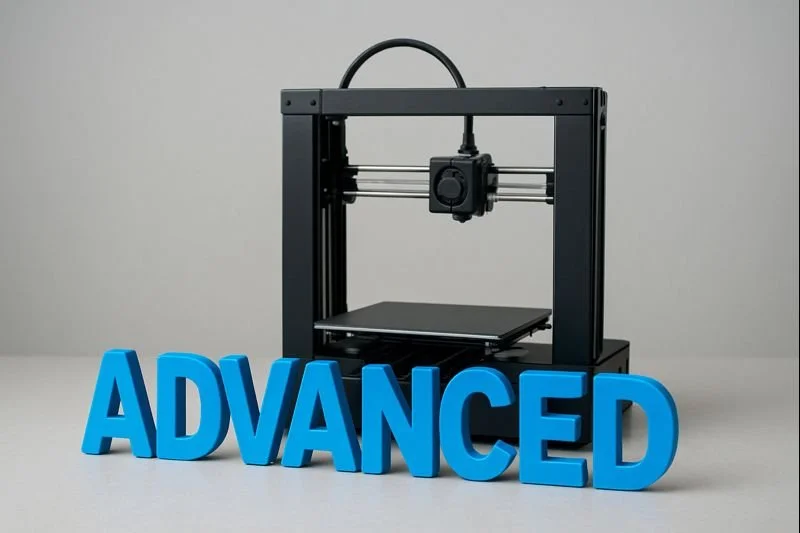 3D printer with blue 'ADVANCED' text in front of it.