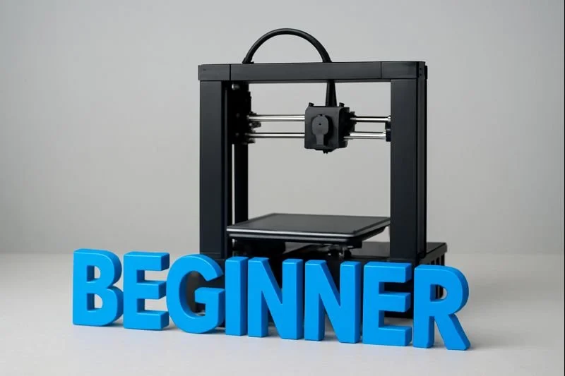 A 3D printer with the word 'BEGINNER' in large blue letters in front of it.