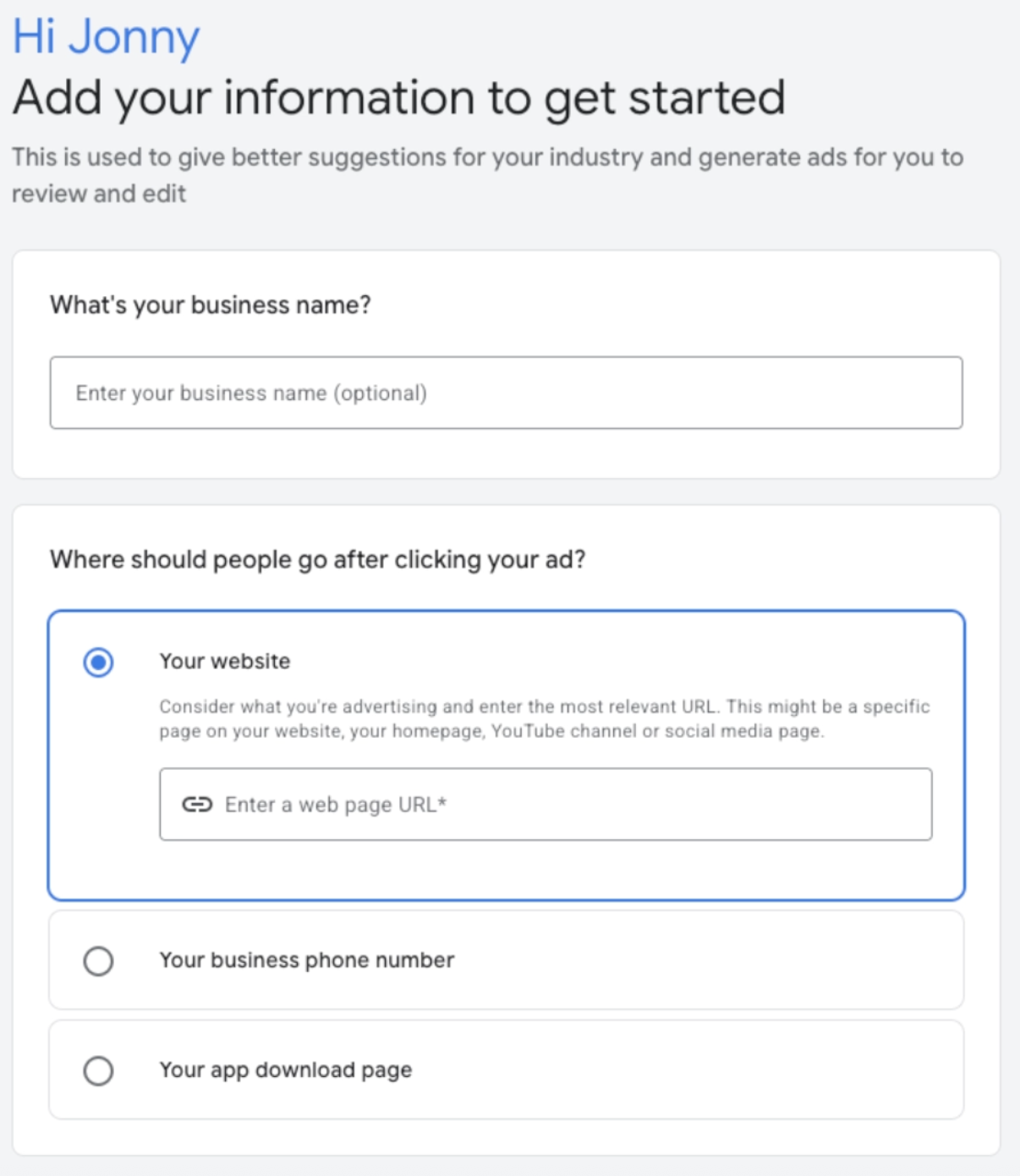 google ads add your information