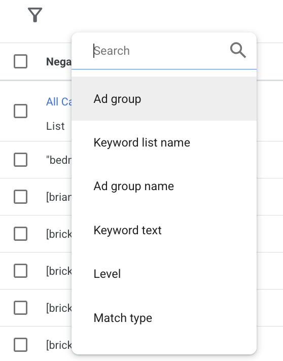negative keyword filters