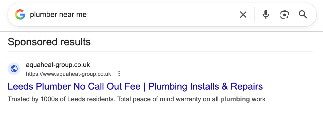 plumber google ads featuring no call out fee