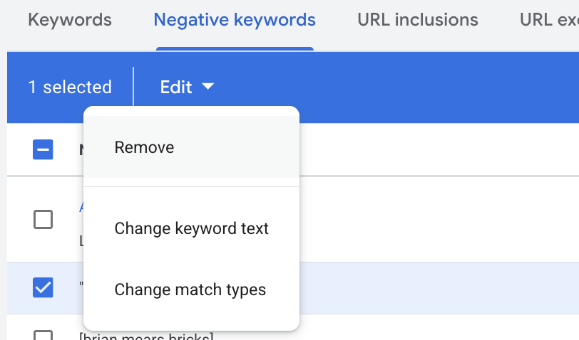 how to remove a negative keyword on google ads
