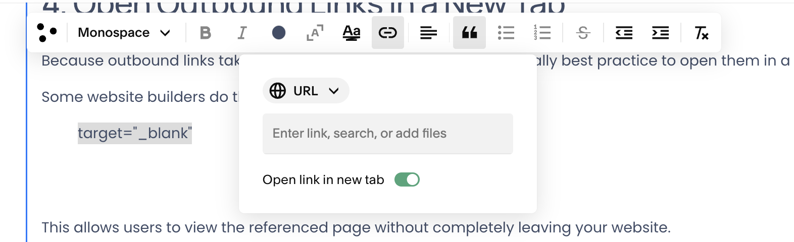 open new tab option on squarespace