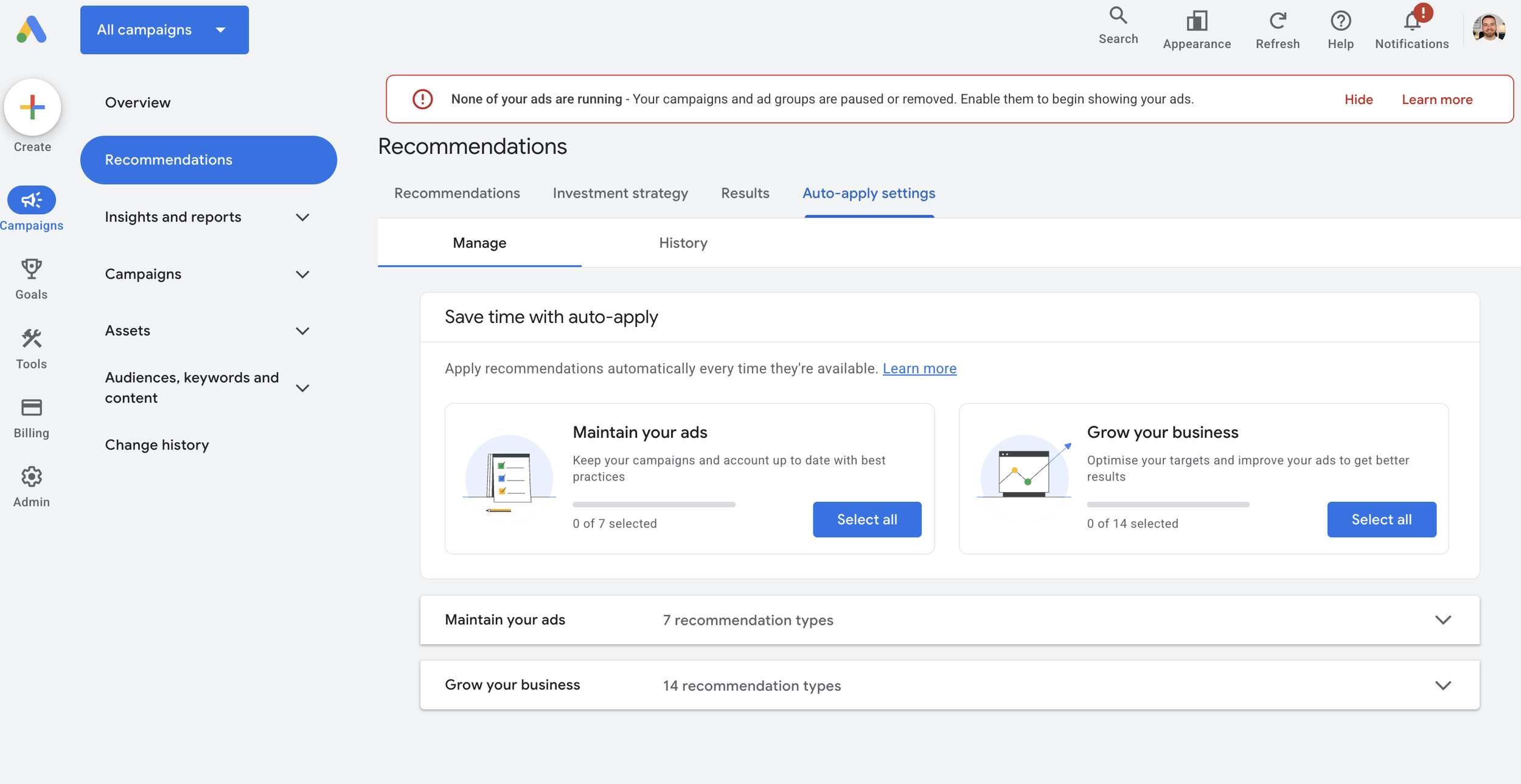where to find google ads auto apply settings