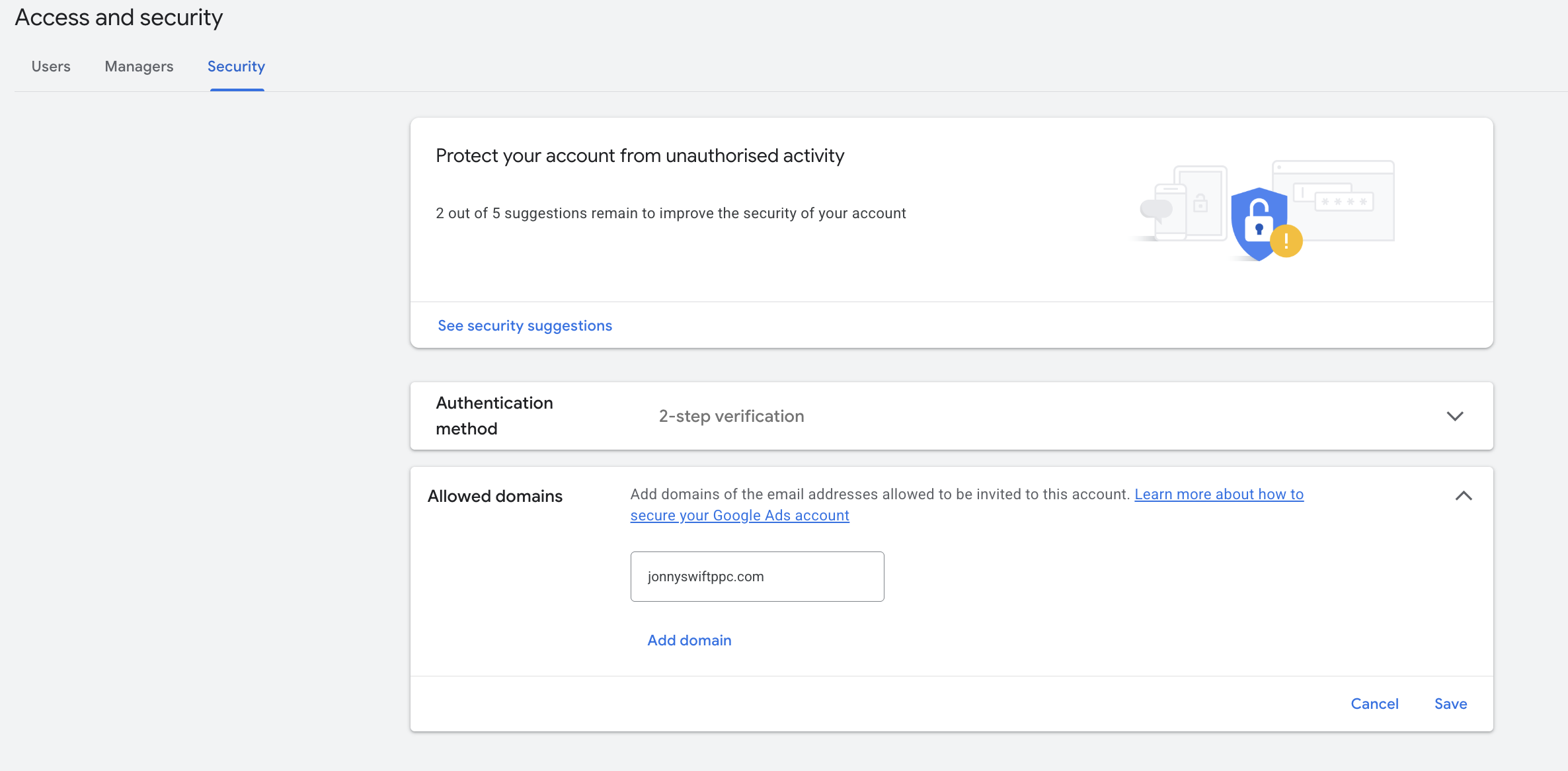 allow domains area within access security on google ads