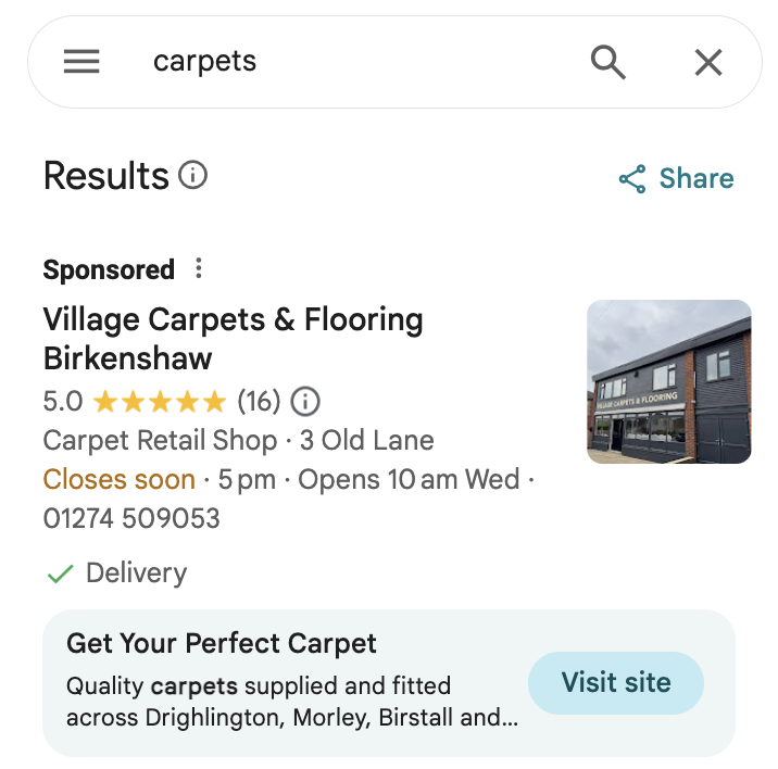 carpet store on google ads for example