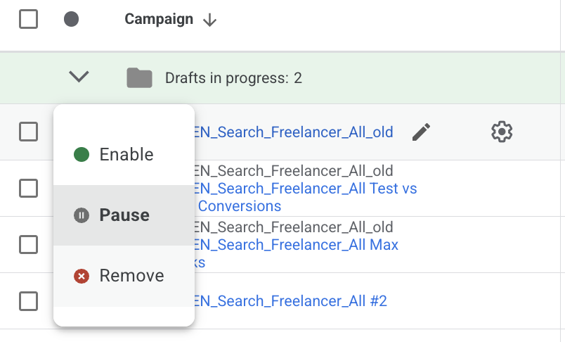 enable pause or remove a google ads campaign