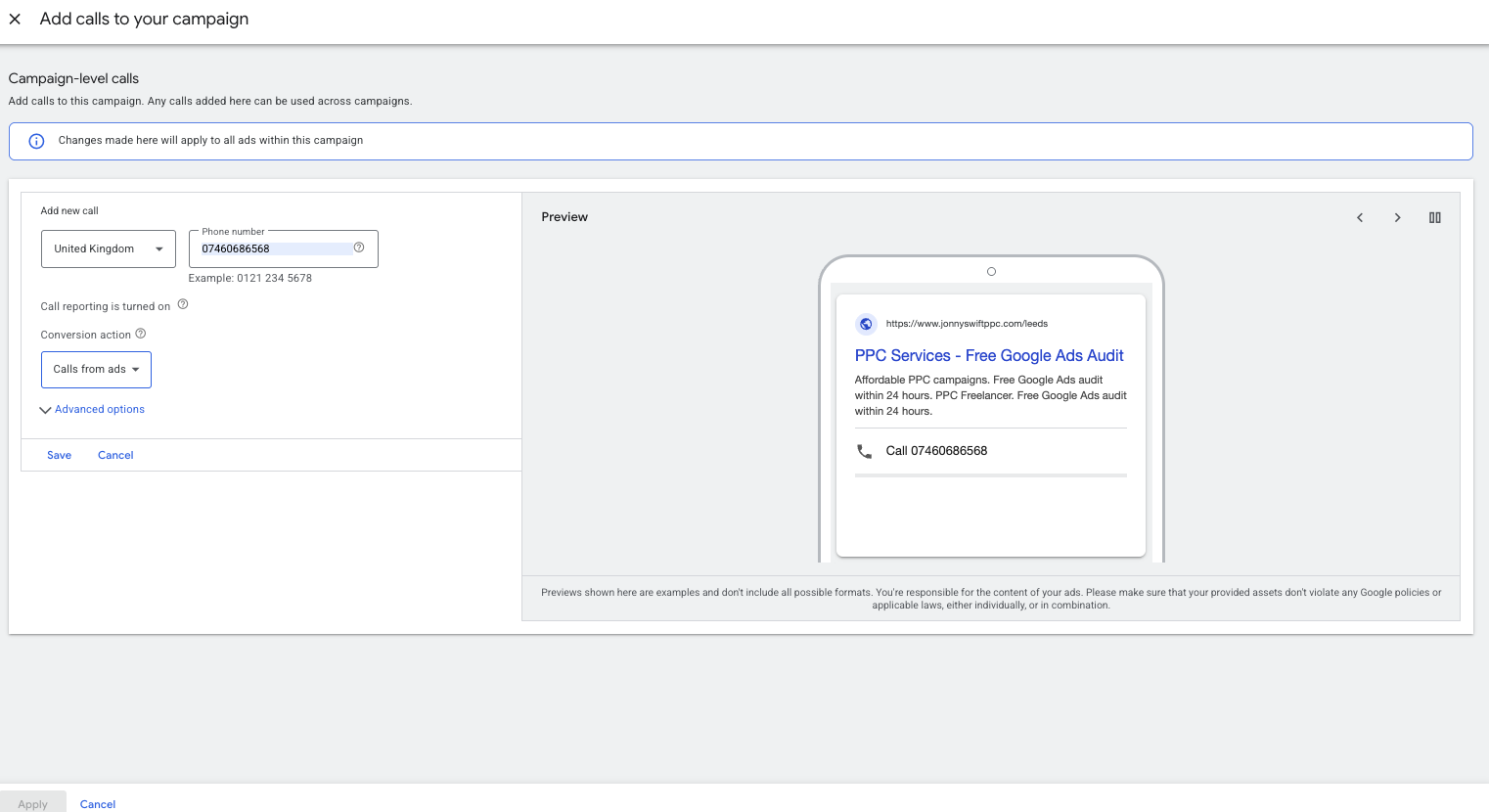 adding call extensions to google ads