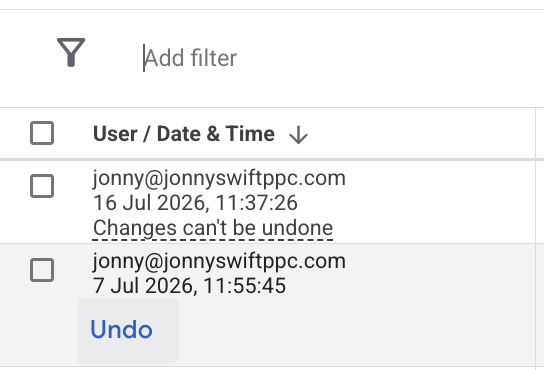 undo changes area on google ads