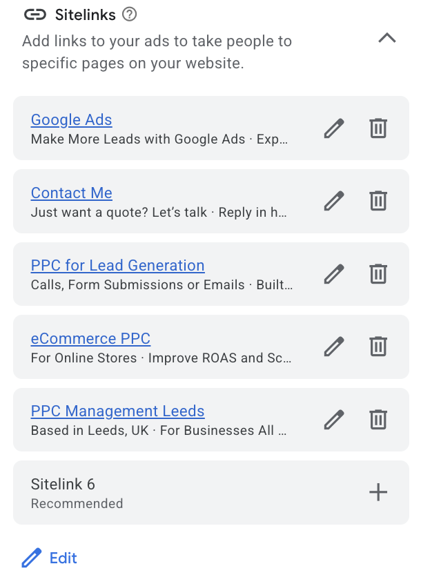 sitelinks example on google ads