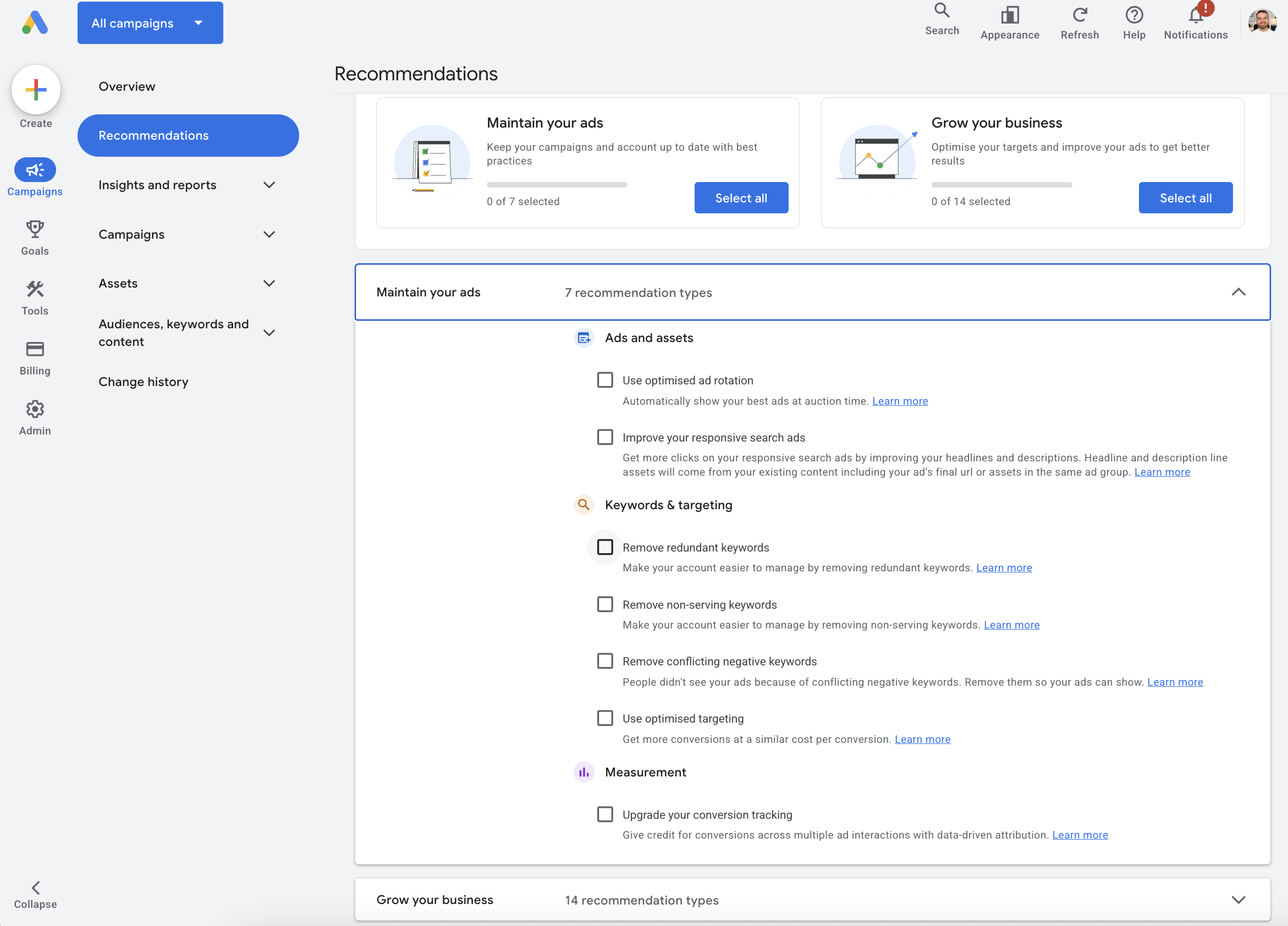 switching off auto apply settings on google ads